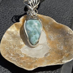 May include: A silver wire-wrapped pendant with a blue-green gemstone, suspended from a black cord. The teardrop-shaped pendant rests on a beige seashell. The gemstone displays a distinctive, marbled pattern, adding to its appeal.