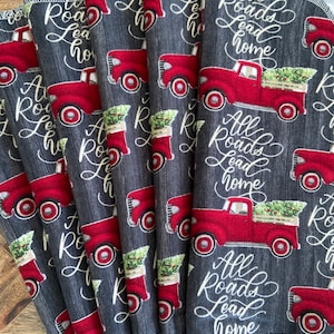 Red Truck Cloth Napkins, Christmas Napkins, Paperless Towels, Eco Friendly Kitchen, Winter Decor, Holiday Decor, Holidays, Snow Decor