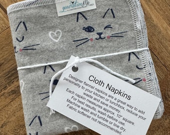 Kitty Napkins, Valentines Day, Eco Friendly Napkins, Reusable Napkins, Waste Free Kitchen, Heart Gift