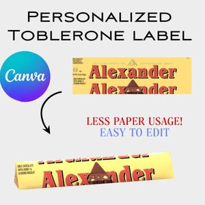 Puede incluir: Imagen de un diseño de etiqueta Toblerone personalizada. El diseño presenta un fondo amarillo con el nombre "Alexander" en rojo y un gráfico de barra de chocolate. El texto "Personalized Toblerone Label" está en la parte superior.