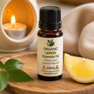 May include: A 10ml amber glass bottle of organic lemon essential oil with a black cap. The label features the text Organic Lemon Essential Oil, Citrus Limon (Lemon) Peel Oil, and safety warnings. The bottle sits on a round wooden tray.