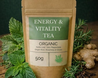 May include: A brown paper bag of "Energy & Vitality Tea" with a green label, surrounded by fresh herbs and spices. The label lists ingredients like nettle leaf, peppermint, and ginger root. The bag contains 50g of tea.