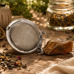 May include: A round stainless steel tea infuser with a fine mesh screen and a hinged closure. A silver-toned metal chain is attached to the side of the infuser, connected to a rough, unpolished piece of golden-brown tiger's eye gemstone.