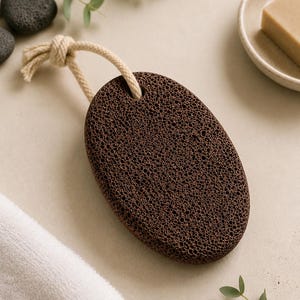 May include: An oval-shaped dark brown pumice stone with a porous, textured surface. The stone features a hole at the top through which a thick, light beige braided rope is looped and knotted, allowing for easy hanging or storage of the item.