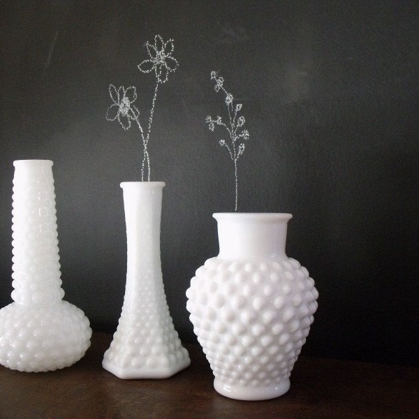 3 Vintage Knob Milk Glass Vases
