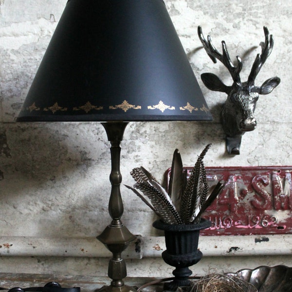 Vintage Brass Candlestick Lamp with Black Shade