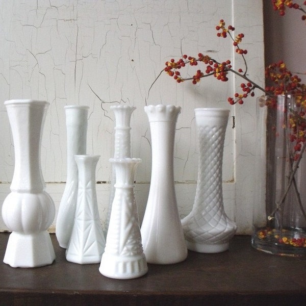 7 Vintage Milk Glass Bud Vases