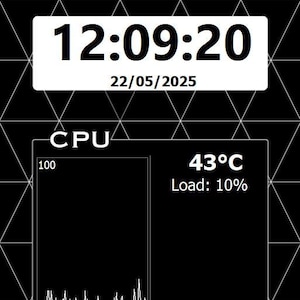May include: A black and white computer monitor showing system data. The display includes CPU, GPU, memory, and disk usage, fan speeds, and drive capacities. The time is 12:09:20 on 22/05/2025.