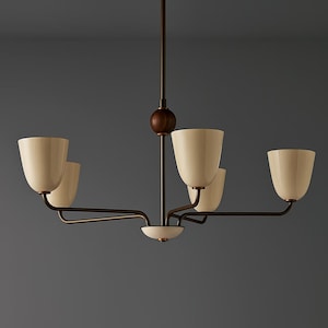 May include: A modern chandelier with five cream-colored, tulip-shaped shades. The fixture has a dark bronze finish with a wooden sphere accent. The arms extend horizontally from a central stem.