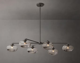 Moderne Messing Cabrette Klarglas 6 leichte Mobile lineare Kronleuchter Messing Deckenleuchte