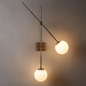 Modern Brass Wall Sconce Mid Century Style Two Glass Globe Light Brass Sputnik Wall Sconce - Articulating Bedside Wall Lamp