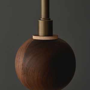 May include: A close-up of a modern light fixture. The fixture features a dark brown, spherical wooden shade with a brass-colored metal stem and accents. Cork rings are placed between the wooden sphere and the metal components.