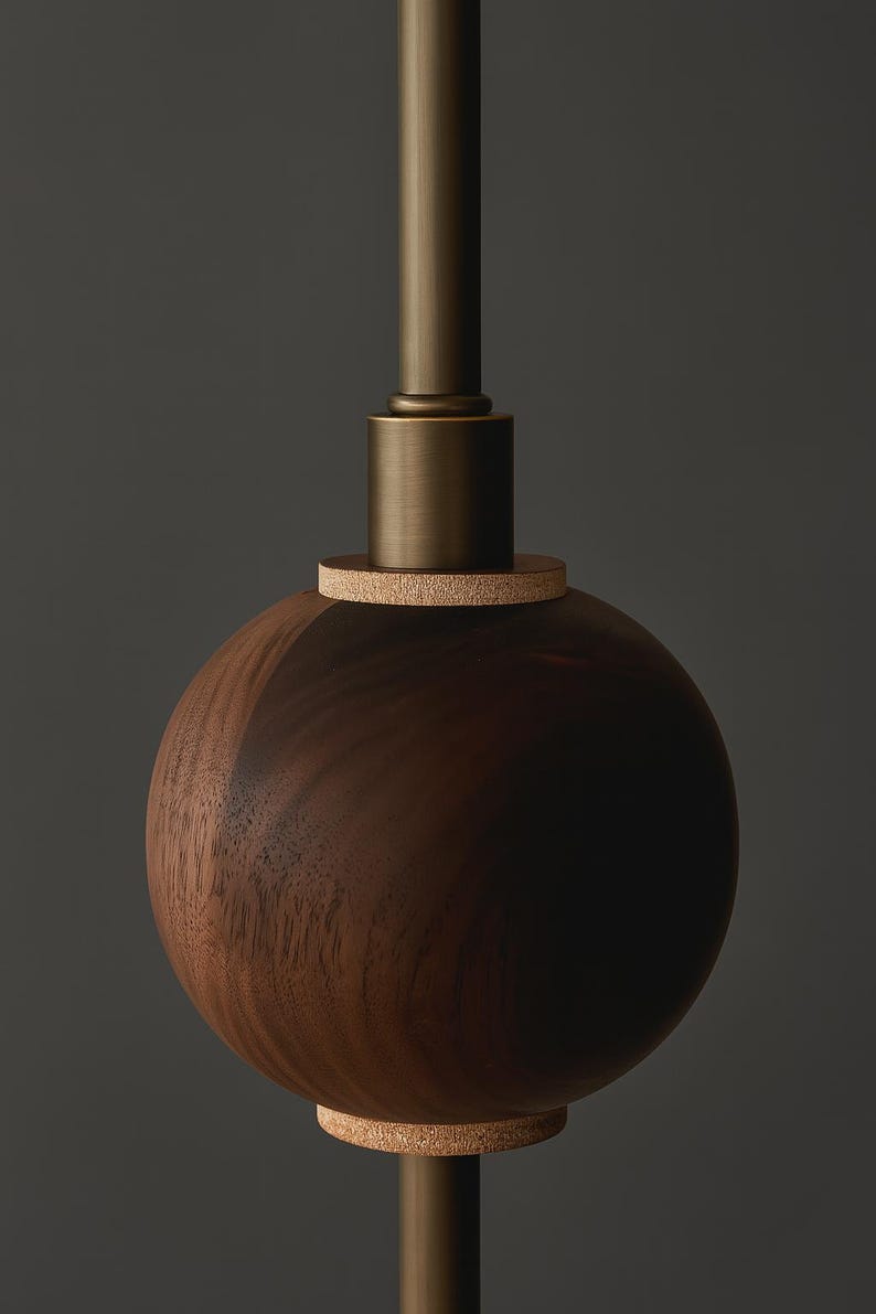 May include: A close-up of a modern light fixture. The fixture features a dark brown, spherical wooden shade with a brass-colored metal stem and accents. Cork rings are placed between the wooden sphere and the metal components.