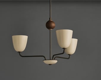 1950s Mid-Century Modern Brass Chandelier | Mid Century Wooden Ball 3 Arms Italian Modern Ceiling Pendant | Stilnovo Brass Ceiling Fixture