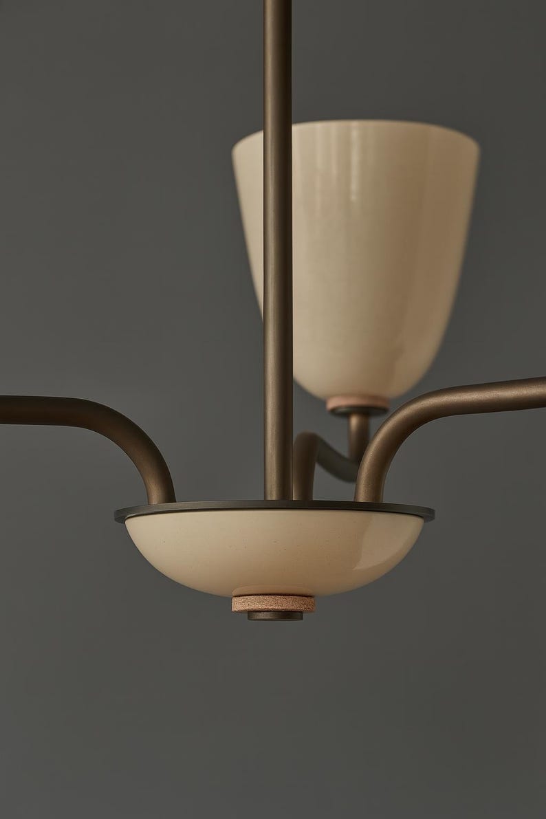 May include: Close-up of a modern chandelier with a cream-colored, bowl-shaped shade and a matching, inverted cone-shaped shade. The fixture has dark bronze-colored arms and a central support, with a neutral gray background.