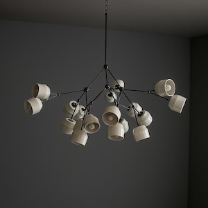 May include: A modern chandelier with a black metal frame and multiple off-white ceramic shades. The light fixtures are arranged in a branching pattern, with each shade housing a light bulb. The fixture hangs from a chain.