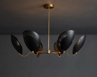 Moderner Messing-Leuchter-Sputnik-Leuchter: Mid Century Modern Perforierte 6-flammige Pendel-Deckenleuchte