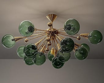 Mid-Century Brass Sputnik Chandelier with Green Glass Balls