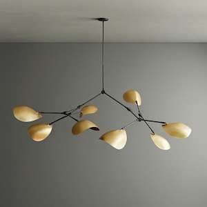 1950&#39;s Mid Century Stilnovo Style 8 Arm Curved Disk Shade Branch Sputnik Chandelier Light Fixture Brushed Brass Chandelier