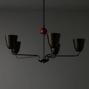 May include: A modern black chandelier with five downward-facing lights. The fixture has a dark bronze finish with a wooden accent and is suspended from a ceiling mount. The design is minimalist and elegant, suitable for interior lighting.