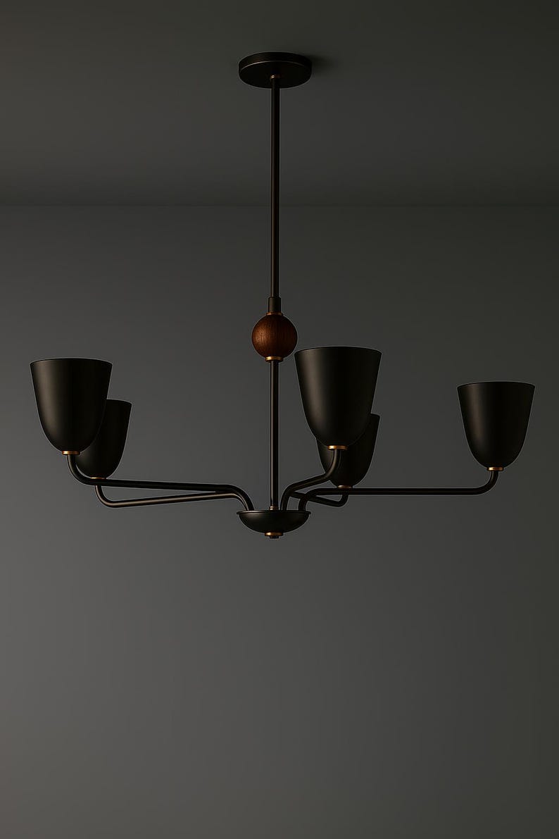 May include: A modern black chandelier with five downward-facing lights. The fixture has a dark bronze finish with a wooden accent and is suspended from a ceiling mount. The design is minimalist and elegant, suitable for interior lighting.
