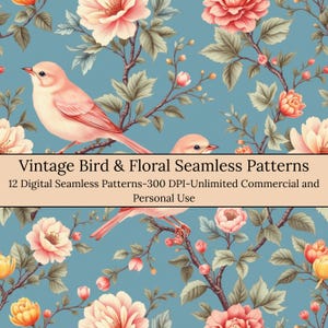 Vintage Bird & Floral Seamless Patterns – 12 PNG Digital Papers, Chinoiserie Style, 12x12&quot; 300 DPI, Printable Backgrounds