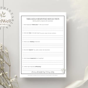 May include: A printable worksheet titled "Trigger & Response Reflection" with prompts to identify patterns and respond with awareness. The worksheet has a white background with black text and a floral design. The FeelWell Printables logo is in the upper left corner.