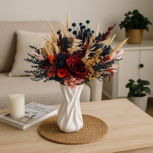 Rustic Dried Flower Bouquet: Burgundy, Navy, and Gold Centerpiece