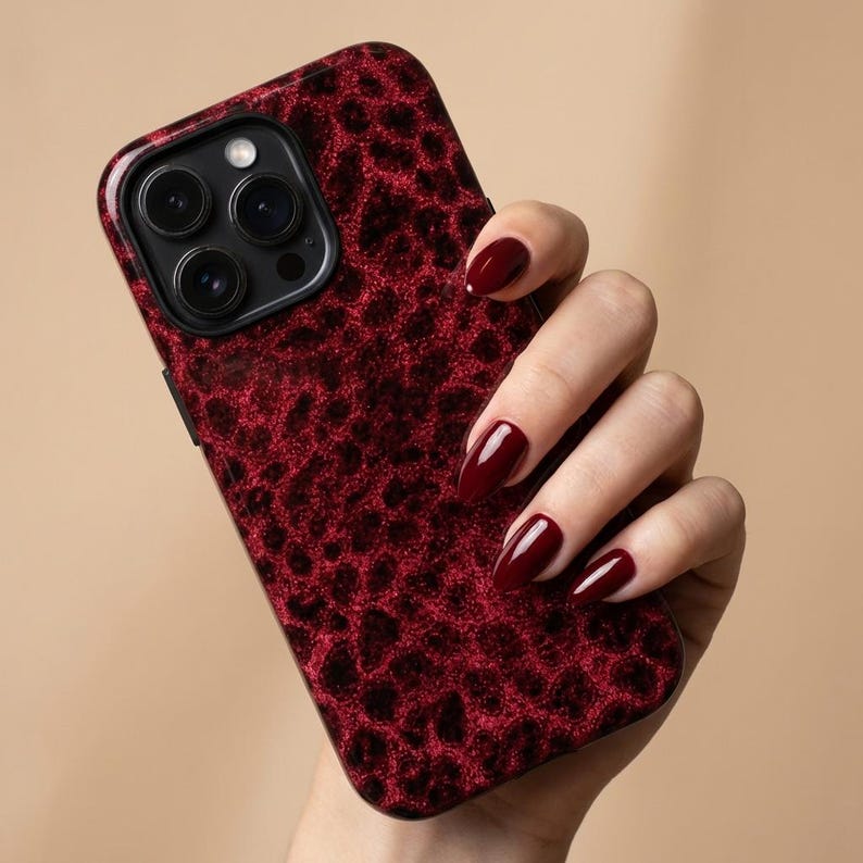Red Leopard Phone Case – Dark Aesthetic Animal Print – iPhone & Samsung – Gift for Her + Free Wallpaper image 2