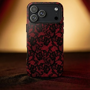 Black Red Lace Phone Case – Vintage Floral Design – iPhone & Samsung – Gift for Her + Free Wallpaper