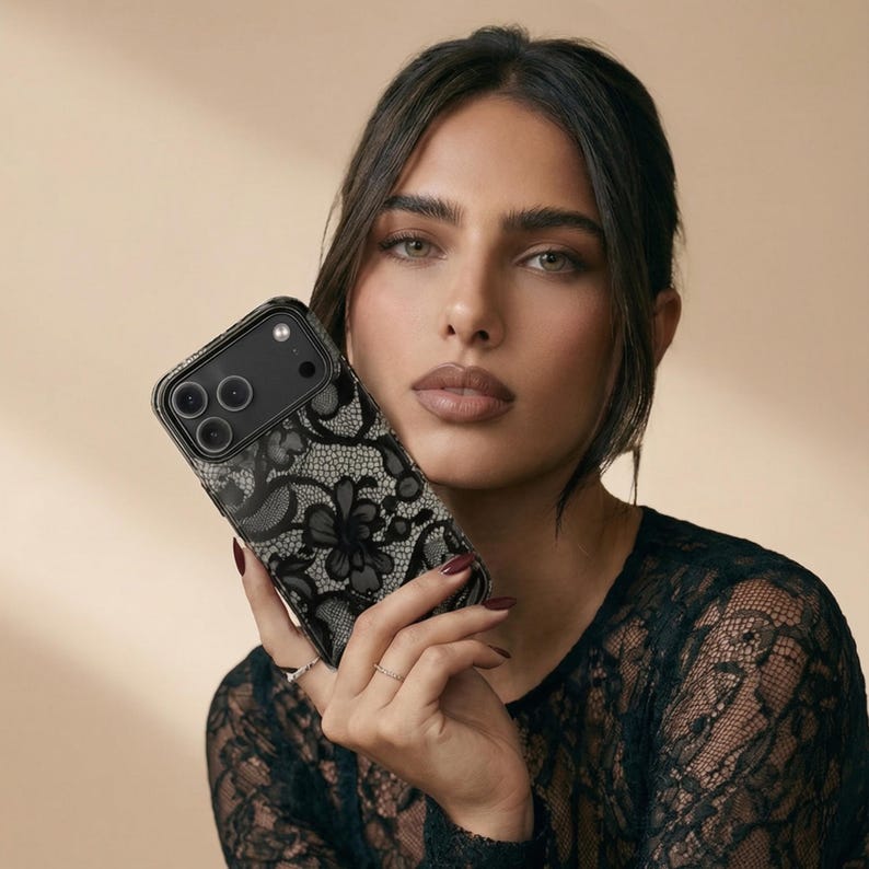 Black Lace Phone Case – Vintage Floral Design – iPhone & Samsung – Gift for Her + Free Wallpaper image 3