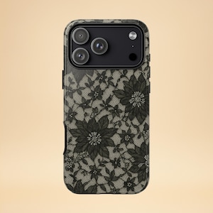 Funda para teléfono con encaje floral – Diseño vintage negro – iPhone y Samsung – Regalo elegante para ella + Fondo de pantalla gratis