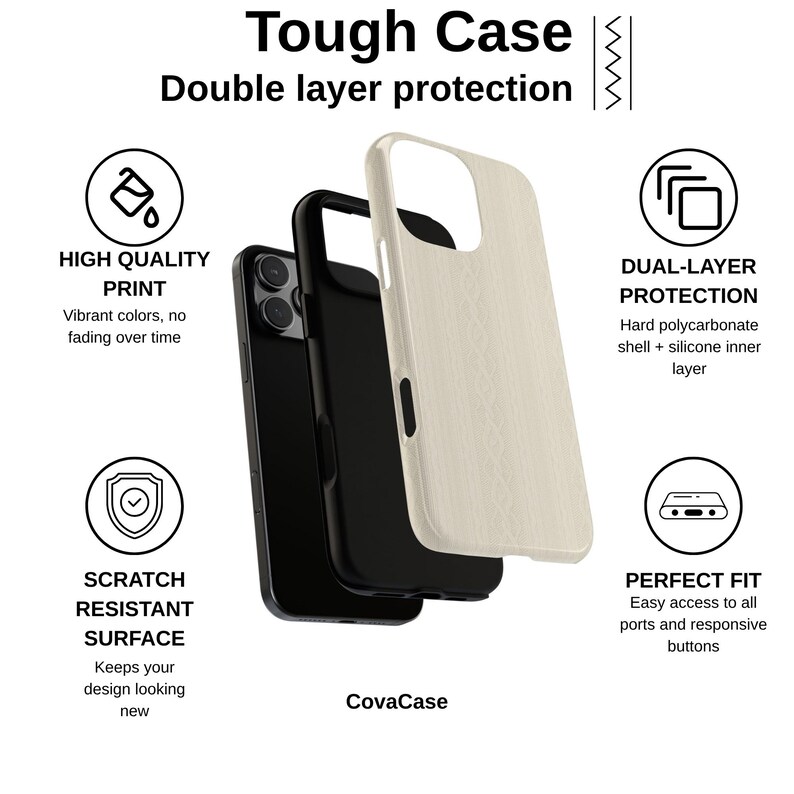 Pu&ograve; includere: Una custodia per telefono con un design a venature di legno color crema, una custodia nera e una custodia interna nera. L'immagine include il testo "Tough Case" e "Double layer protection". La custodia &egrave; descritta come avente una stampa di alta qualit&agrave; e una superficie resistente ai graffi.