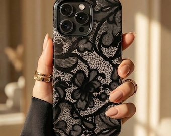 Black Lace Phone Case – Vintage Floral Design – iPhone & Samsung – Gift for Her + Free Wallpaper