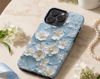 Blue Floral Phone Case – White Flower Aesthetic – iPhone & Samsung – Gift for Her + Free Wallpaper