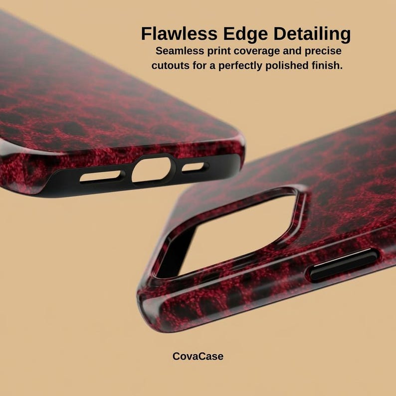 May include: Close-up of two phone cases with a red and black patterned design. The cases have precise cutouts and the text "Flawless Edge Detailing" and "CovaCase" are visible.
