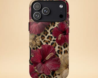 Leopard Floral Phone Case – Red Hibiscus Flower Design – iPhone & Samsung – Gift for Her + Free Wallpaper