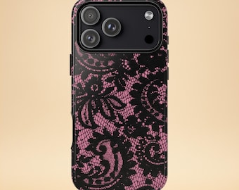 Black Pink Lace Phone Case – Vintage Floral Aesthetic – iPhone & Samsung – Gift for Her + Free Wallpaper