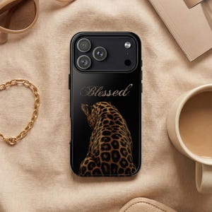 Blessed Leopard Phone Case – Black Statement Animal Design – iPhone & Samsung – Gift for Her + Free Wallpaper