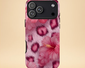 Pink Leopard Floral Phone Case – Hibiscus Flower Design – iPhone & Samsung – Gift for Her + Free Wallpaper