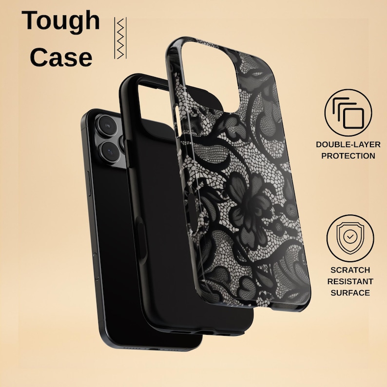 Black Lace Phone Case – Vintage Floral Design – iPhone & Samsung – Gift for Her + Free Wallpaper image 4