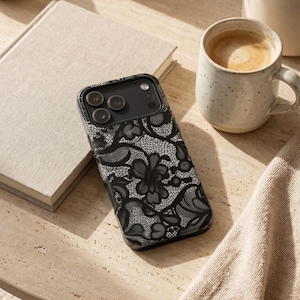 Black Lace Phone Case – Vintage Floral Design – iPhone & Samsung – Gift for Her + Free Wallpaper image 2