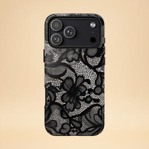 Funda de encaje negro para teléfono – Diseño floral vintage – iPhone y Samsung – Regalo para ella + Fondo de pantalla gratis