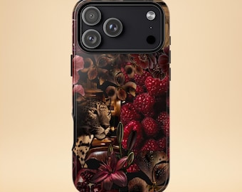 Leopard Berry Floral Phone Case – Dark Aesthetic Animal Print – iPhone & Samsung – Gift for Her + Free Wallpaper
