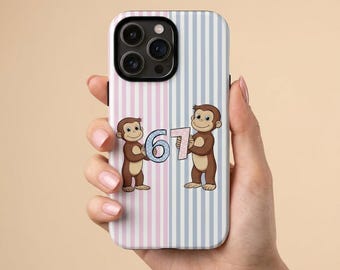 Cute Monkey Phone Case – 67 Design – Pink Blue Stripes Aesthetic – iPhone & Samsung Case – Gift for Her