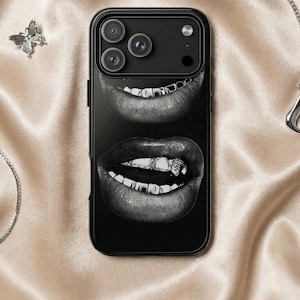 Funda para teléfono Y2K Lips – Diseño vintage negro – iPhone y Samsung – Regalo para ella + Fondo de pantalla gratis