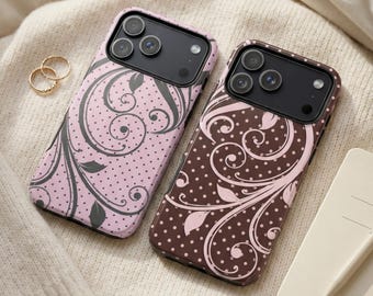 Floral Polka Dot Phone Case – Vintage Brown Pattern Design – iPhone & Samsung – Gift for Her + Free Wallpaper