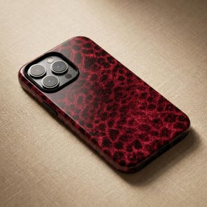 Red Leopard Phone Case – Dark Aesthetic Animal Print – iPhone & Samsung – Gift for Her + Free Wallpaper image 1
