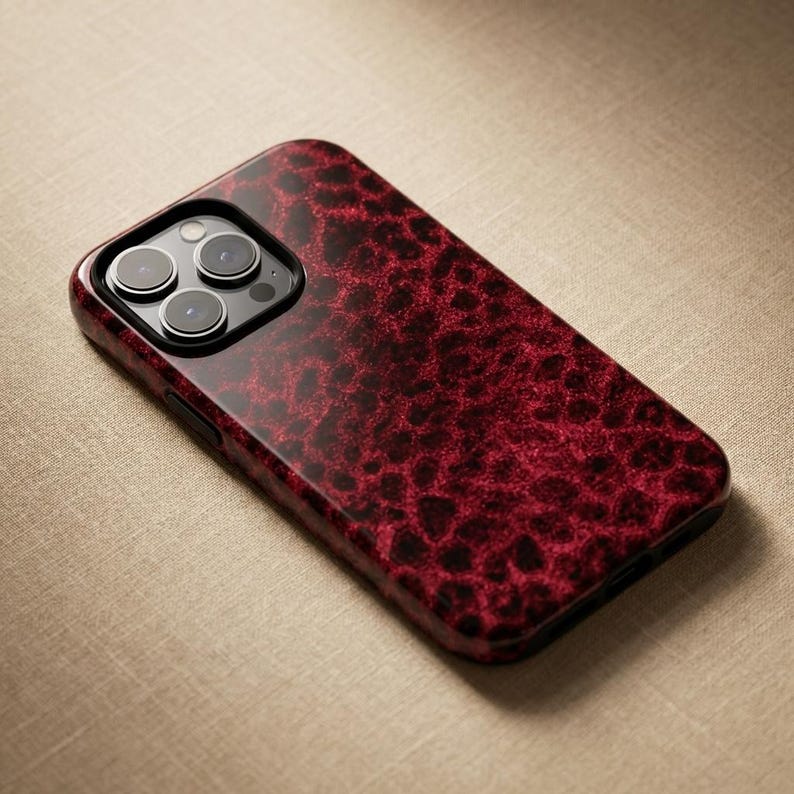 Red Leopard Phone Case – Dark Aesthetic Animal Print – iPhone & Samsung – Gift for Her + Free Wallpaper image 1