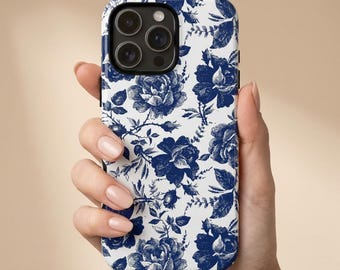 Blue Floral Phone Case – Vintage Botanical Design – Preppy Aesthetic – iPhone & Samsung Case – Gift for Her